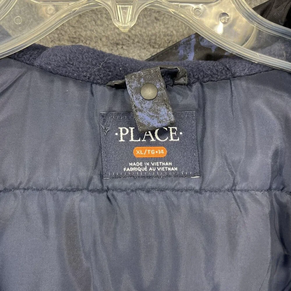 The Children's Place Jacket Boys XL 14 Blue Black Hooded Insulated Puffer Winter
